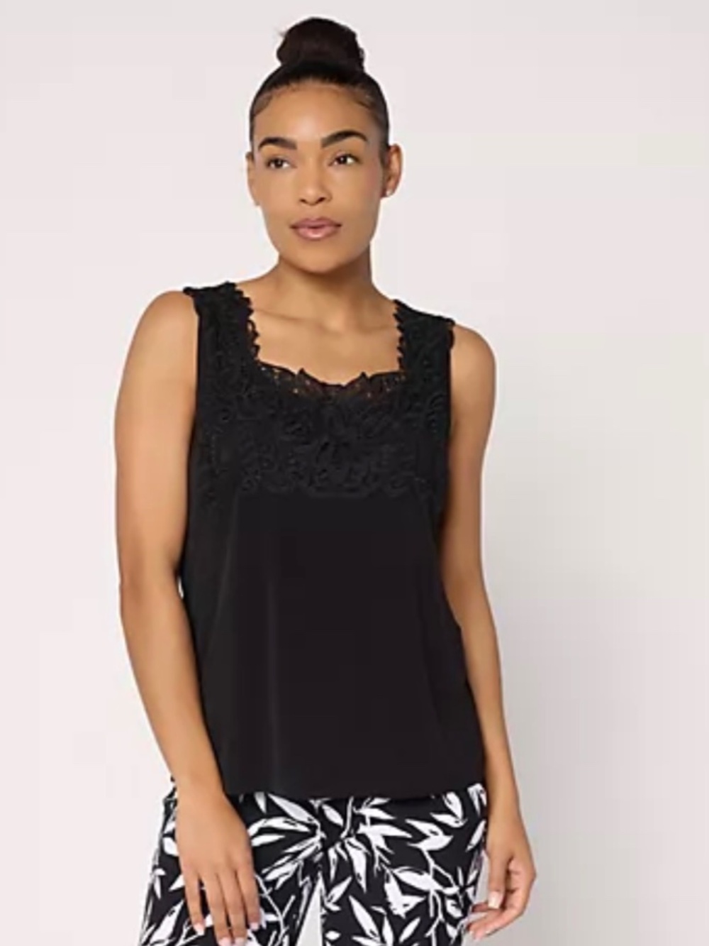 Susan Graver Liquid Knit Sleeveless Top with Lace Detail Black XL